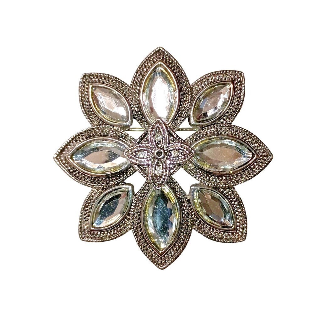 Silver Tone Petal Brooch Princess Cut Clear Gemstones Pin Art Deco Vintage - Picture 2 of 7